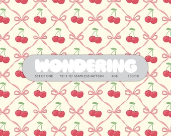 Cherry Ribbon Trellis Print: Vintage Coquette Fabric Design (JPEG Digital Download)