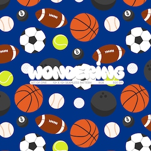 Sports | Seamless Pattern Print JPEG for Commercial Use Digital Download | Baseball Basketball Football Soccer Tennis Golf Bowling Pool
