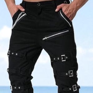 Pantalon gothique punk rock pour hommes | Pantalon noir à fermeture éclair , boucles et bretelles | Streetwear gothique alternatif