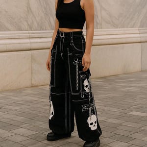 White Skull Gothic Trip Pants | Unisex Punk Rock Cyber Goth Baggy Jeans | Handmade Cotton Convertible Trousers