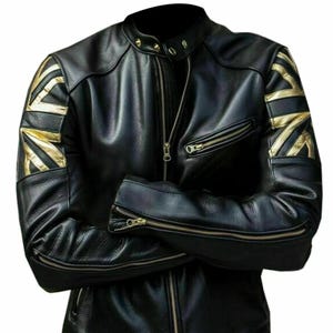 Men's Vintage Biker Jacket – Black Cafe Racer Motorcycle Jacket with UK Flag Union Jack Patch – Genuine Cowhide Leather