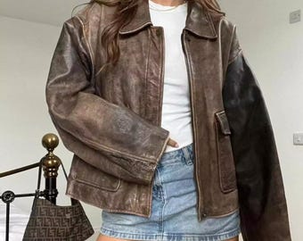 Vintage Distressed Brown Cowhide Leather Jacket – 80s Oversize Biker Jacket – Western Cowboy Style – Handmade Retro Rockstar Jacket