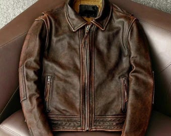Men’s Distressed Brown Real Leather Jacket – Vintage Cafe Racer Biker Style – Motorcycle Apparel