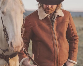 Men&#39;s Shearling Leather Bomber Jacket Men Women Real Sheepskin Aviator Coat Vintage Brown Pilot Jacket Winter Warm Cozy Fashion Outerwear