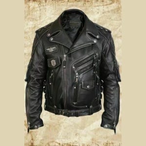 Blouson de moto en cuir de vachette véritable pour hommes - Blouson de motard haut de gamme, noir, équipement d&#39;équitation robuste