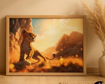 Anime Cheetah Framed Poster: Kawaii Japanese Art, Wildlife Decor
