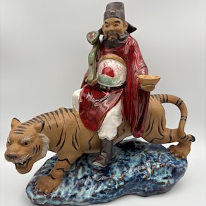 Vintage Guan Gong Sculpture: Chinese Warrior Guan Yu Riding Tiger