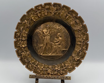 Antique Bradley & Hubbard Cast Iron Plaque w/ Original Easel – Grape Vine Border – Classical Scene