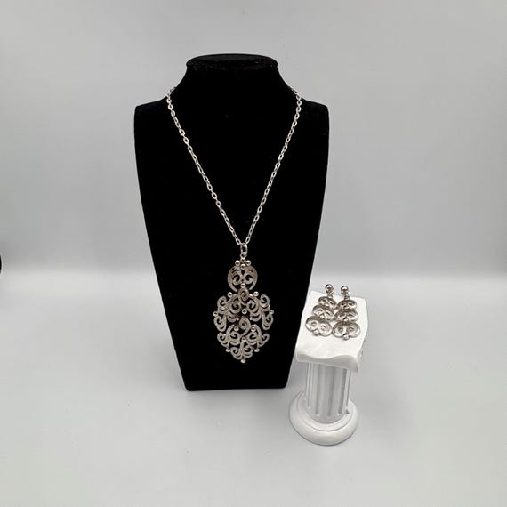 Silver-Tone Lisner Scrollwork Pendant & Earrings … - image 1