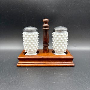 Vintage Fenton Hobnail Milkglass Salt & Pepper Shakers with Wooden Stand