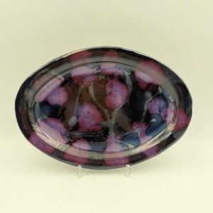 Signed Studio Art Pottery Oval Tray | JSL Healers Hand Black Blue Glaze 10.5"