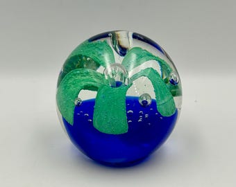 Murano Style Art Glass Paperweight – Green Flower & Cobalt Blue Base, Hand Blown 3.5” Sphere