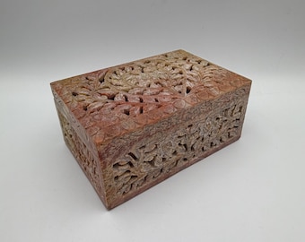 Vintage Hand-Carved Lidded Box – Soapstone Floral Openwork Trinket Case