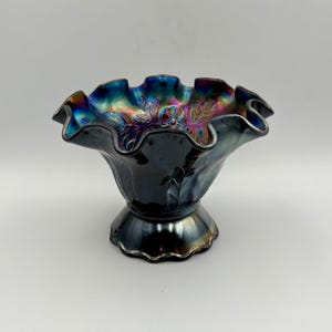 Dugan Dogwood Sprays Carnival Glass Ruffled Compote Bowl - Amethyst, 1913-1920s
