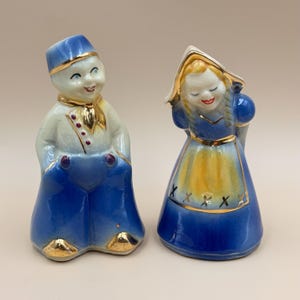 Vintage Shawnee Pottery Dutch Boy and Girl Salt & Pepper Shakers | Blue Gold Figural Set