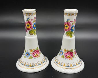 Vintage Royal Grafton Malvern Bone China Candlestick Holders | Floral Gold Gilt Pair, England