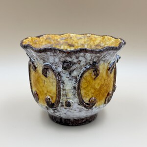 May include: A ceramic planter with a scalloped rim, featuring a mottled white and dark brown exterior finish. The body is decorated with raised, dark brown scrollwork patterns and circular accents, contrasting with smooth, golden-yellow panels.