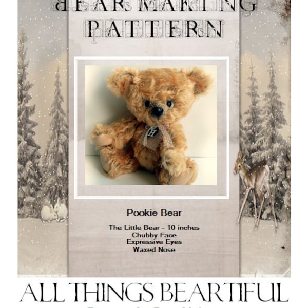 Teddy Bear Pattern Sewing PDF - Pookie the Little Bear 10 inch jointed teddy bear with Expressive Eyes Waxed Nose and a bobbed Tail