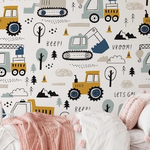 Construction Vehicles Kids Wallpaper – Fun Boys Room Wall Mural with Trucks, Diggers & Cranes Wall Mural Truck, Wall Murals Boy&#39;s Room