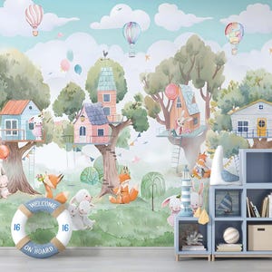 Whimsical Forest Treehouse Wallpaper – Hot Air Balloons & Woodland Animal Nursery Wall Mural, Kids Room Wallpaper