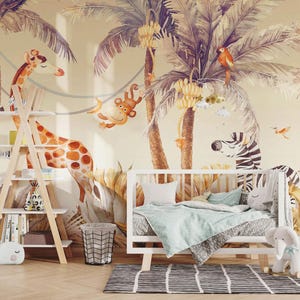Carta da parati per bambini con animali da safari, animali della giungla ad acquerello, arte murale per la stanza dei bambini, murale staccabile e attaccabile, decorazione da parete con palme