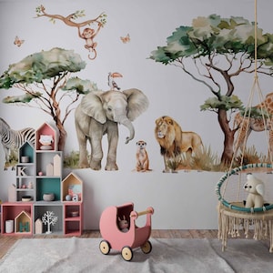 Set Jungle Lion Elephant Wall Stickers for Children&#39;s Room, Safari Animals Wall Sticker Baby Room, Wall Sticker Nursery