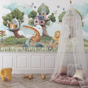 Carta da parati murale "Safari Animal Treehouse" - Carta da parati "Jungle Adventure" per cameretta o sala giochi, carta da parati per cameretta dei bambini