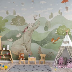 Carta da parati con elefante, volpe e coniglio per la cameretta dei bambini, carta da parati fotografica per bambini, decorazione per la cameretta dei bambini