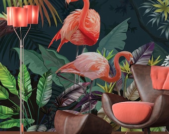 Pink Flamingo Wallpaper: Vintage Tropical Jungle Mural (Peel and Stick)