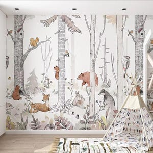 Espace magique avec des animaux de la forêt | Papier peint pour enfants | Papier peint Animaux mignons dans la forêt à l'aquarelle