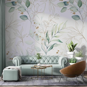 Watercolor Eucalyptus Leaf Wallpaper Peel and Stick Soft Green Leaves Wall Mural - Leaves Branches Removable Wall Decal