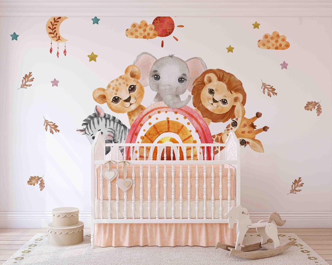 Watercolor Rainbow Safari Animal Wall Decals: Boho Nursery Mural - Etsy