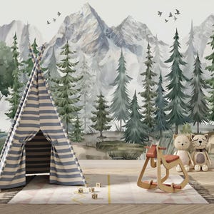 Mountain and Trees Kids Wallpaper: Peel and Stick Nursery Mural