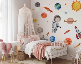 Space Wall Decals: Planets, Astronaut, Rocket - Kids Room Decor