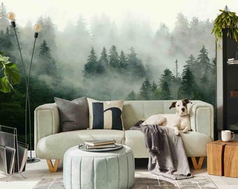 Moody Pine Forest Peel & Stick Wallpaper – Foggy Tree Wall Mural