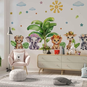 Safari Animals Among Banana Trees For Kids Room, Lion Jungle Elephant Giraffe and zebra Wall Stickers, Animals Wall Decal