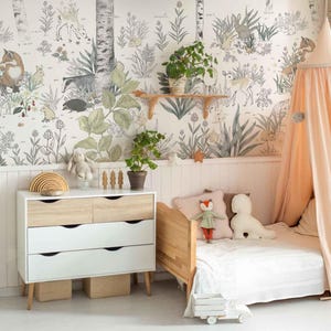 Espace magique avec des animaux de la forêt | Papier peint pour enfants - Décoration murale nature dessinée à la main pour chambre d'enfant