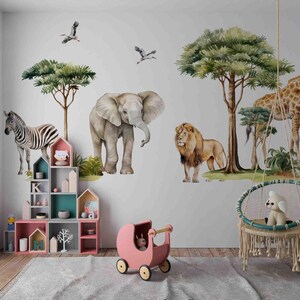 Set Adesivo da parete Leone Elefante Giungla per cameretta bambini, Adesivo da parete Animali Safari Cameretta Neonati, Adesivo da parete Asilo Nido