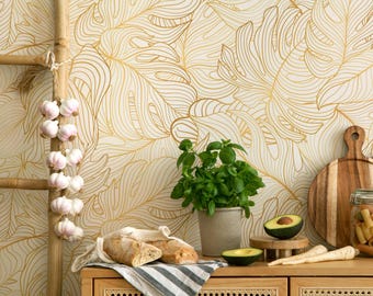 Bladgoud lijnkunst behang – Elegante botanische muurschildering, luxe tropisch minimalistisch ontwerp, muurschildering woonkamer