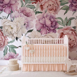 Pink and White Peony Flower, Pastel Peony Wallpaper Peel and Stick, Colorful Peony Floral Wall Mural, Watercolor Soft Floral Wall Mural,