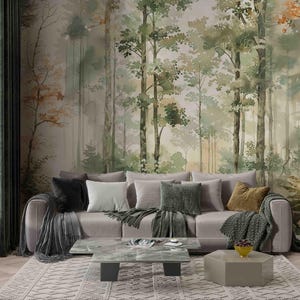 Watercolor tree mural, Art Deco Self Adhesive Wallpaper, Nature Wallpaper, Living Room Wallpaper, Wilderness Trees Wallpaper, Mural Forest