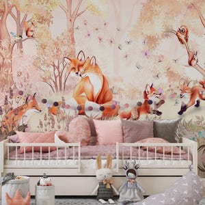 murale di animali della foresta rosa, paesaggio forestale ad acquerello, murale di boschi dolci e sognanti, murale di volpe, carta da parati artistica per la casa