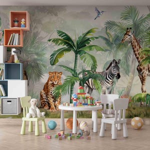 Carta da parati staccabile e adesiva con motivo Safari Jungle Fog Forest – Murale di animali tropicali con leone, zebra, giraffa e altro – Camera per bambini rimovibile