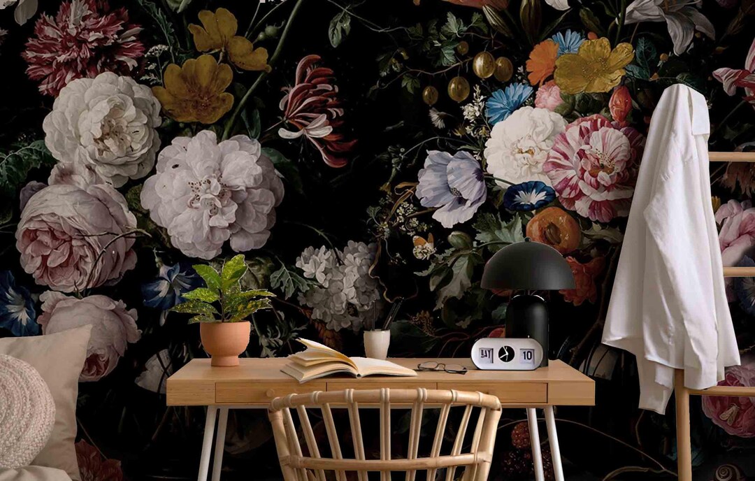 Dark Floral Peony Wallpaper Mural: Boho Chic Peel and Stick - Etsy