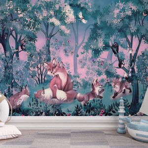 murale di animali della foresta bluy, paesaggio forestale ad acquerello, murale di boschi dolci e sognanti, murale di volpe, carta da parati artistica per la casa