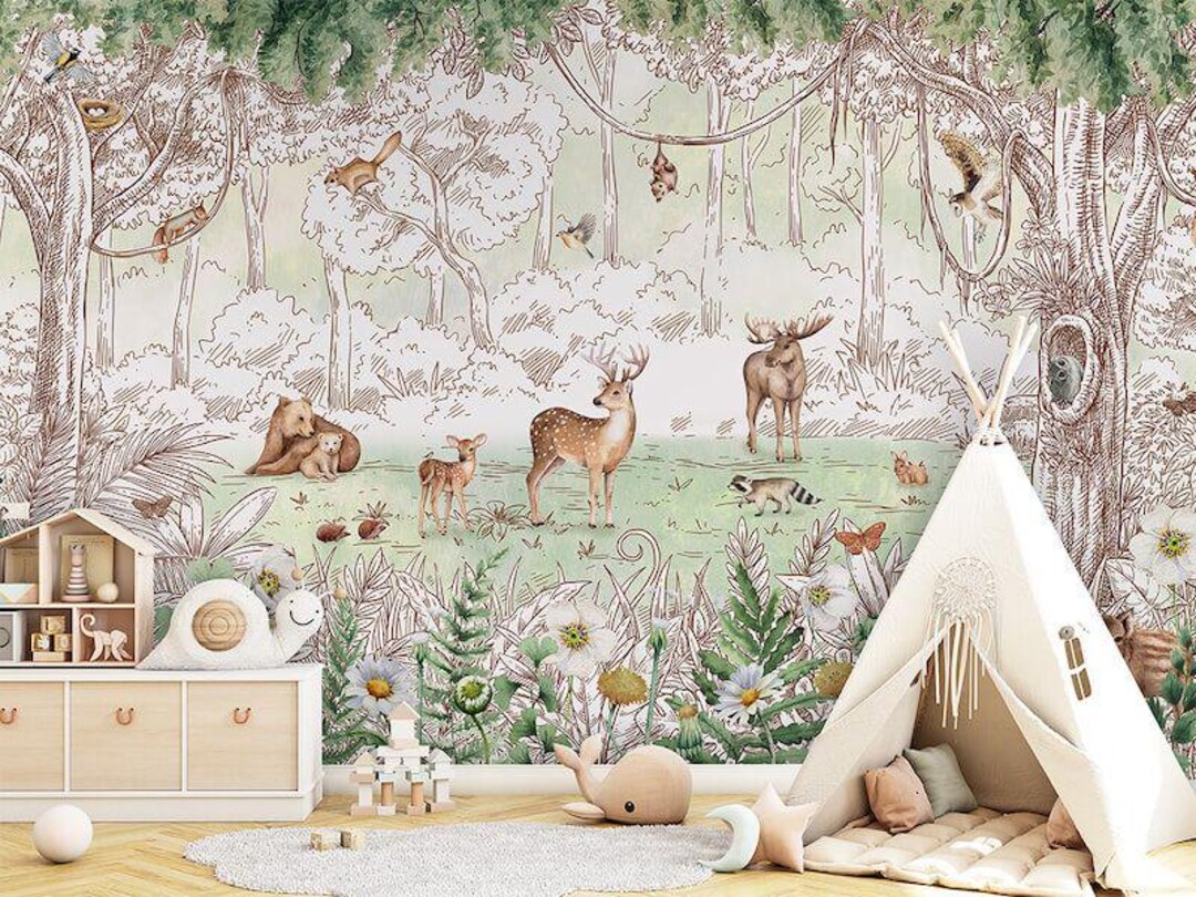 Woodland Nursery Wallpaper: Forest Animals Peel and Stick Mural - Etsy