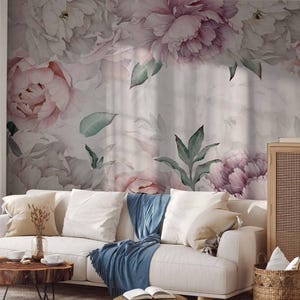 Fleur de pivoine rose et blanche, papier peint pivoine pastel, décoration murale florale pivoine colorée, décoration murale florale douce aquarelle,