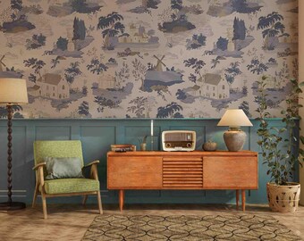 Mural de pared de estilo campestre vintage azul/papel tapiz extraíble con paisaje para sala de estar