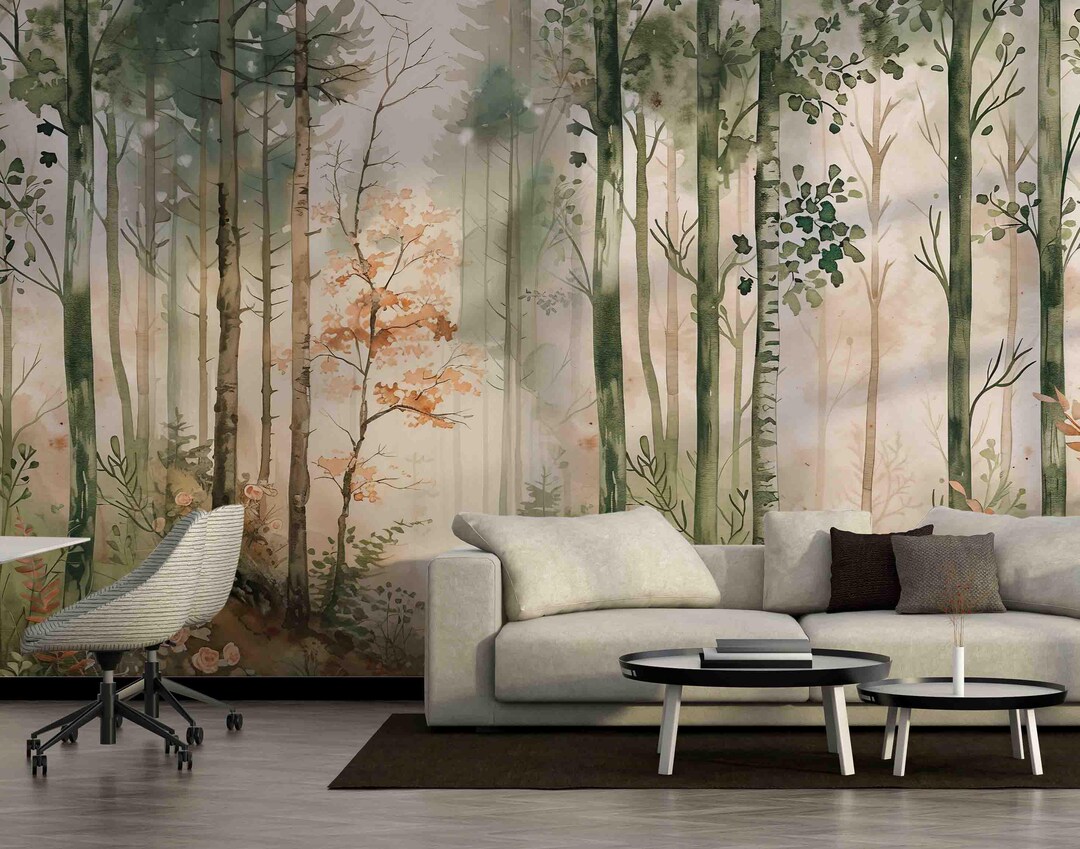 Watercolor Forest Wallpaper Mural: Peel and Stick Nature Scene - Etsy