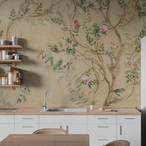 Floral Chinoiserie Wallpaper: Spring Flowers & Birds, Yellow Background (Peel and Stick)